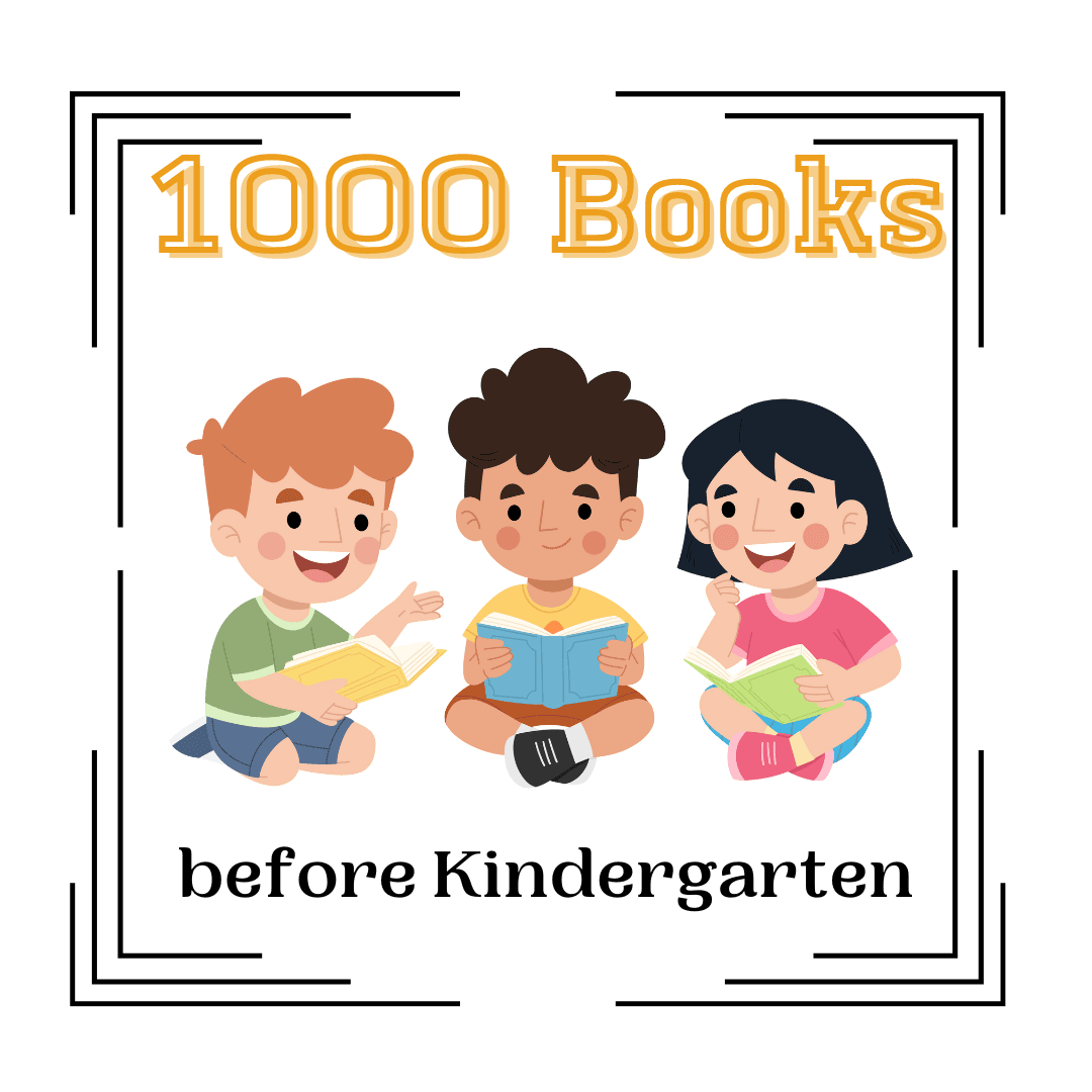 Three smiling children holding books sit together with the text 1000 Books before Kindergarten above and below them, surrounded by a decorative border.