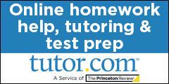Banner for tutor.com offering online homework help, tutoring, and test prep. Includes the logos for tutor.com and The Princeton Review.