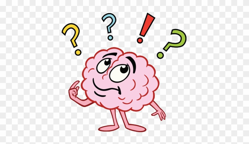 Cartoon brain with eyes, arms, and legs looks confused, raising one hand. Colorful question marks and an exclamation mark float above its head. The background is transparent.