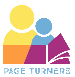 Logo featuring two stylized figures, one yellow and one blue, beside an open purple book. The text Page Turners is written below in light blue uppercase letters.