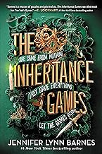 Book cover for The Inheritance Games by Jennifer Lynn Barnes, featuring gold and white text, green roses, a knife, keys, a candle, and a puzzle background with the phrases She came from nothing and They have everything.