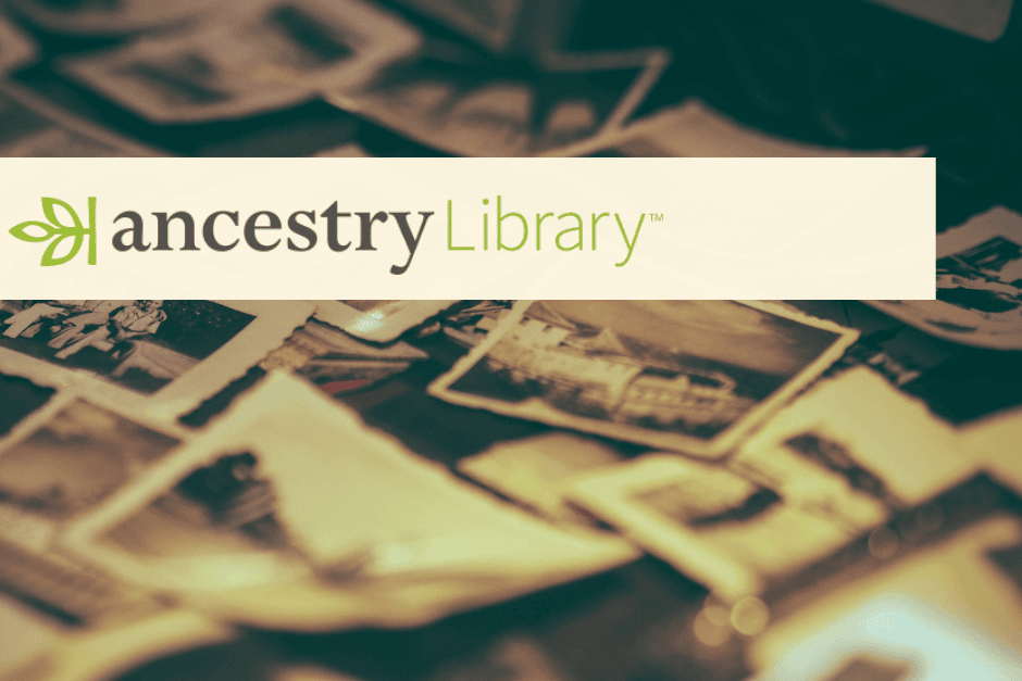 A blurred pile of vintage black and white photographs lies beneath a banner with the Ancestry Library logo, which features a green leaf symbol.