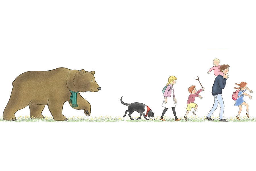 cartoon image of a bear, dog, and family walking in a line