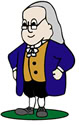 Cartoon illustration of an older man with long gray hair, glasses, and colonial-era clothing, including a blue coat, yellow vest, white cravat, black pants, and shoes, standing with hands on hips.