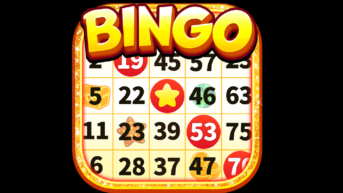 A colorful bingo card with numbers and some spaces featuring icons like stars and coins. The word BINGO in large, bold yellow letters is displayed at the top of the image.
