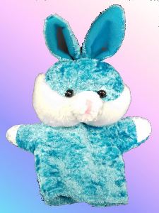 A blue and white plush bunny hand puppet with tall ears and black eyes, shown against a pastel pink and blue gradient background.