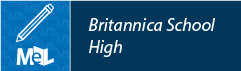 Blue and white logo with a pencil icon, the text MeL with an open book, and Britannica School High on the right side.