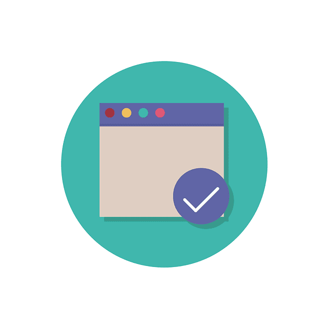 A flat icon of a web browser window with a blue check mark in a circle, all set against a teal circular background.