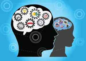 Silhouettes of an adult and a child, each with a thought bubble containing icons like books, a house, a car, and gears, representing different thoughts or knowledge in their minds, on a blue background.