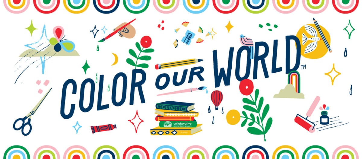Colorful illustration with the text “COLOR OUR WORLD” surrounded by art supplies like pencils, paint, scissors, books, and plants, with rainbow borders and decorative elements scattered around.