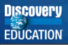 Discovery Education logo with a blue background, white text, and an image of Earth replacing the letter o in Discovery.