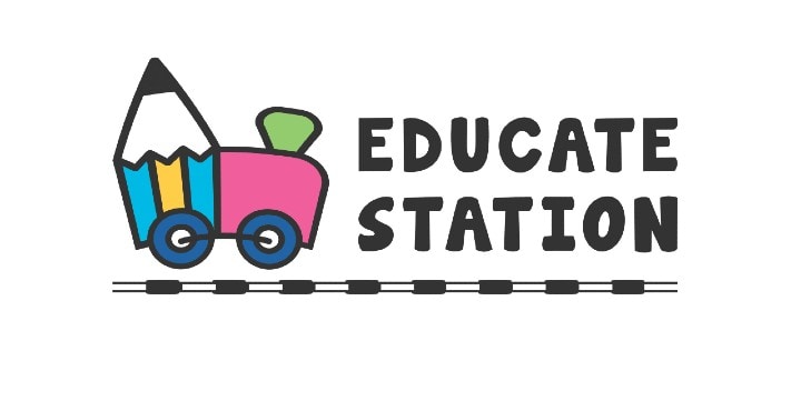 Logo featuring a cartoon train with a large pencil as the front car, green steam, and the words EDUCATE STATION in bold black letters next to it. A dashed line runs beneath as train tracks.