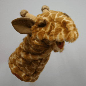 A plush giraffe hand puppet with brown and cream patterned fur, beige horns, and floppy ears, set against a plain light background.