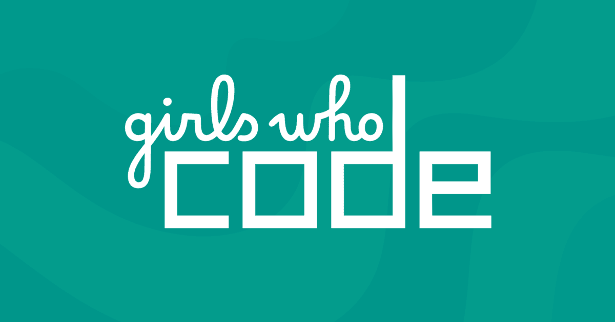 White text on a teal background reads girls who code with girls who in a cursive font and code in a bold, blocky font.