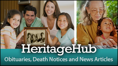 A smiling family holds a vintage photo, while an elderly woman and a child look at a laptop. Text reads: HeritageHub: Obituaries, Death Notices and News Articles.