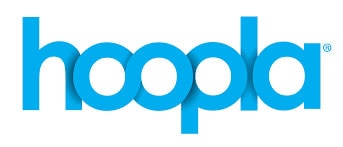 The image shows the word hoopla in bold, lowercase, blue letters with a modern font on a white background.