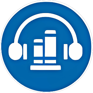 A blue circular icon featuring three white book silhouettes in the center, framed by a pair of white headphones around them.