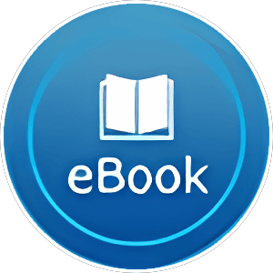 A blue circular icon with a white open book graphic above the word eBook in white text.