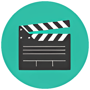 A black and white film clapperboard icon is centered on a teal circular background.