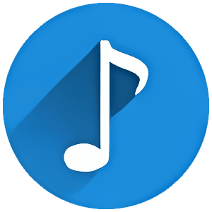A white musical note icon with a long shadow on a bright blue circular background.