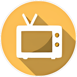 White silhouette of a retro television with antennae and two dials, shown on a yellow circular background with a long shadow.