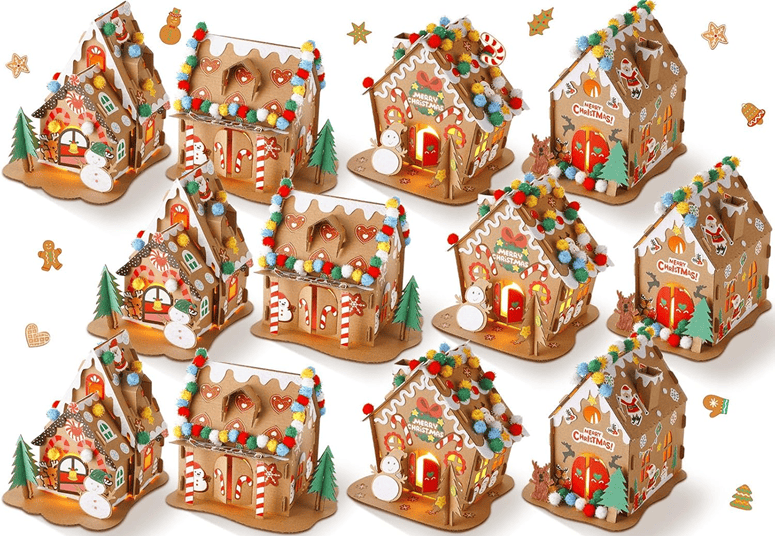 Twelve colorful gingerbread houses decorated with icing, candy, and festive details are arranged in rows, surrounded by small cookies shaped like hearts, trees, stars, and gingerbread people.