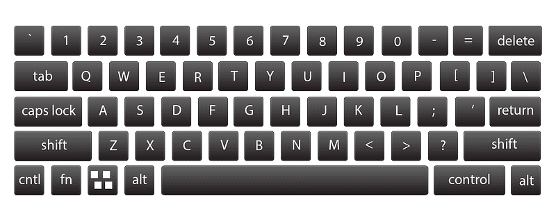 Black and gray QWERTY computer keyboard with white lettering, featuring standard keys including numbers, letters, shift, control, alt, tab, delete, return, and function keys.