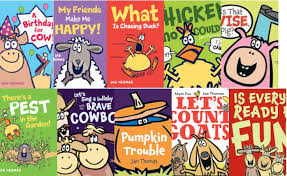 A colorful collage of ten children’s book covers, each featuring cartoon animals like cows, sheep, and chickens, with playful, bold titles and bright backgrounds.