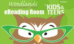 Illustration of an owl wearing green glasses on a green background. Text reads: Woodlands Downloadable Library eReading Room for Kids & Teens.