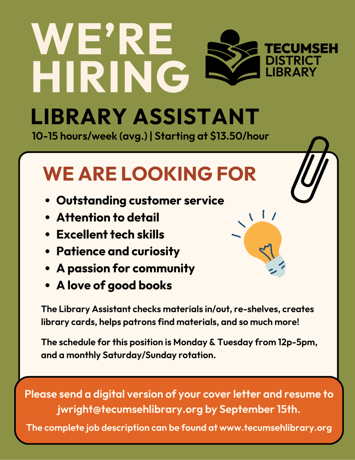 A hiring flyer for Tecumseh District Library seeks a Library Assistant (10-15 hours/week, .50/hr). It lists required skills and how to apply by September 15, plus the library’s logo and application details.