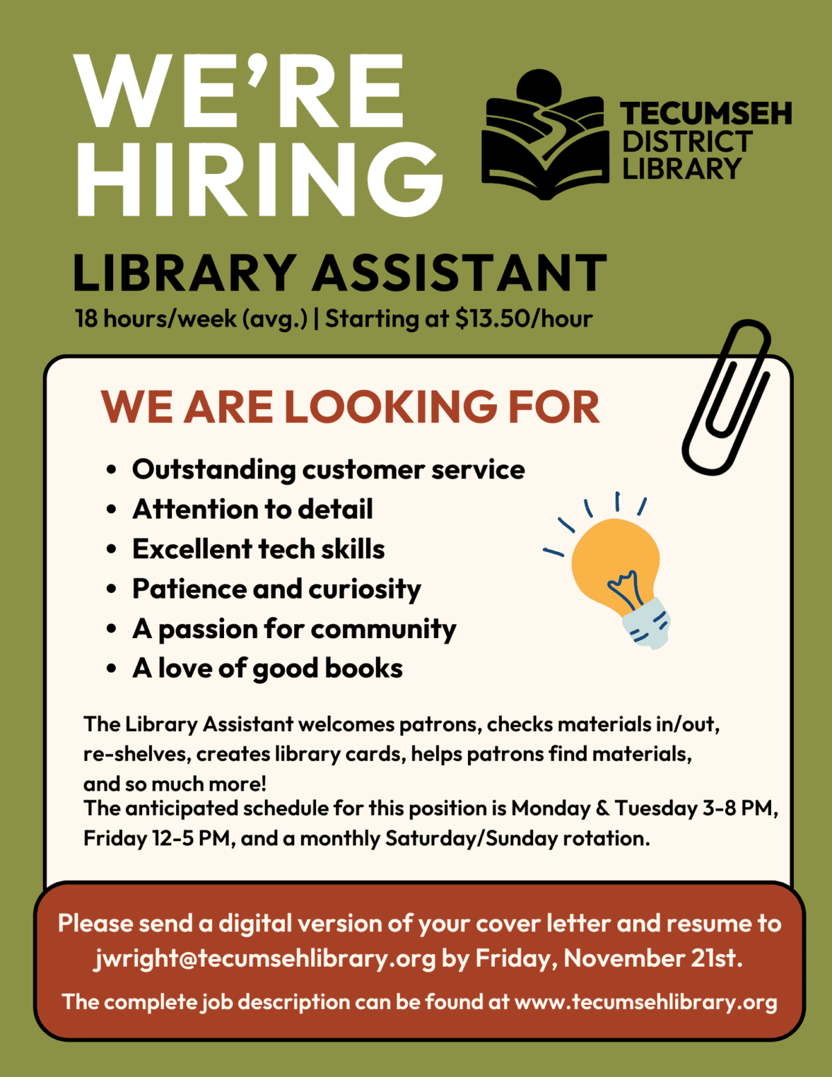 A job ad for a Library Assistant at Tecumseh District Library, 18 hours/week at $13.50/hour. Highlights desired skills, application instructions, and work schedule. Apply by Nov 21 via jwright@tecumsehlibrary.org.