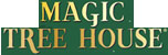 Logo for Magic Tree House with the words in yellow-gold letters on a dark green background.