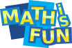Logo with the words Math is Fun in yellow and blue block letters, each word on overlapping blue rectangles, arranged playfully.
