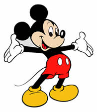 Cartoon mouse character with large round ears, wearing red shorts with white buttons, yellow shoes, and white gloves, standing with arms open and smiling.