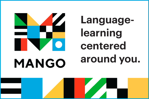 Mango logo with colorful geometric shapes, bold text reading Language-learning centered around you, and matching patterns along the bottom border.