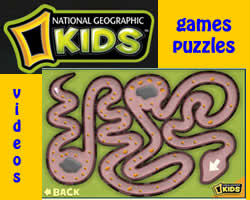 Screenshot of a National Geographic Kids page showing a maze game with yellow dots and the words games, puzzles, and videos on a bright yellow background.