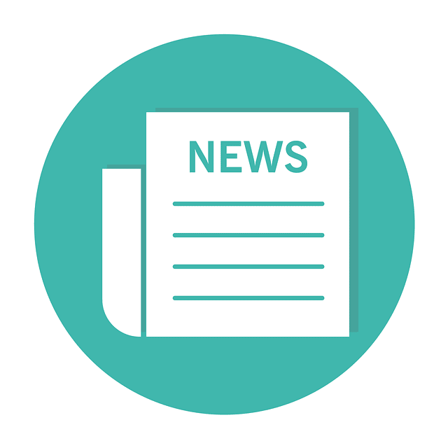 A simple graphic of a white newspaper with the word NEWS on it, set against a teal circular background.