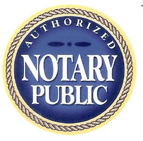A circular blue and gold emblem with the words AUTHORIZED NOTARY PUBLIC in bold white letters and a rope-like border.