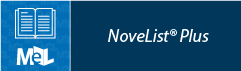 Blue and white banner with an open book icon, the text MeL in stylized letters, and NoveList® Plus written on a dark blue background.