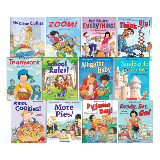 A collection of twelve colorful childrens books by Robert Munsch, each with illustrated covers showing children, animals, and playful activities like baking, building sandcastles, and racing.