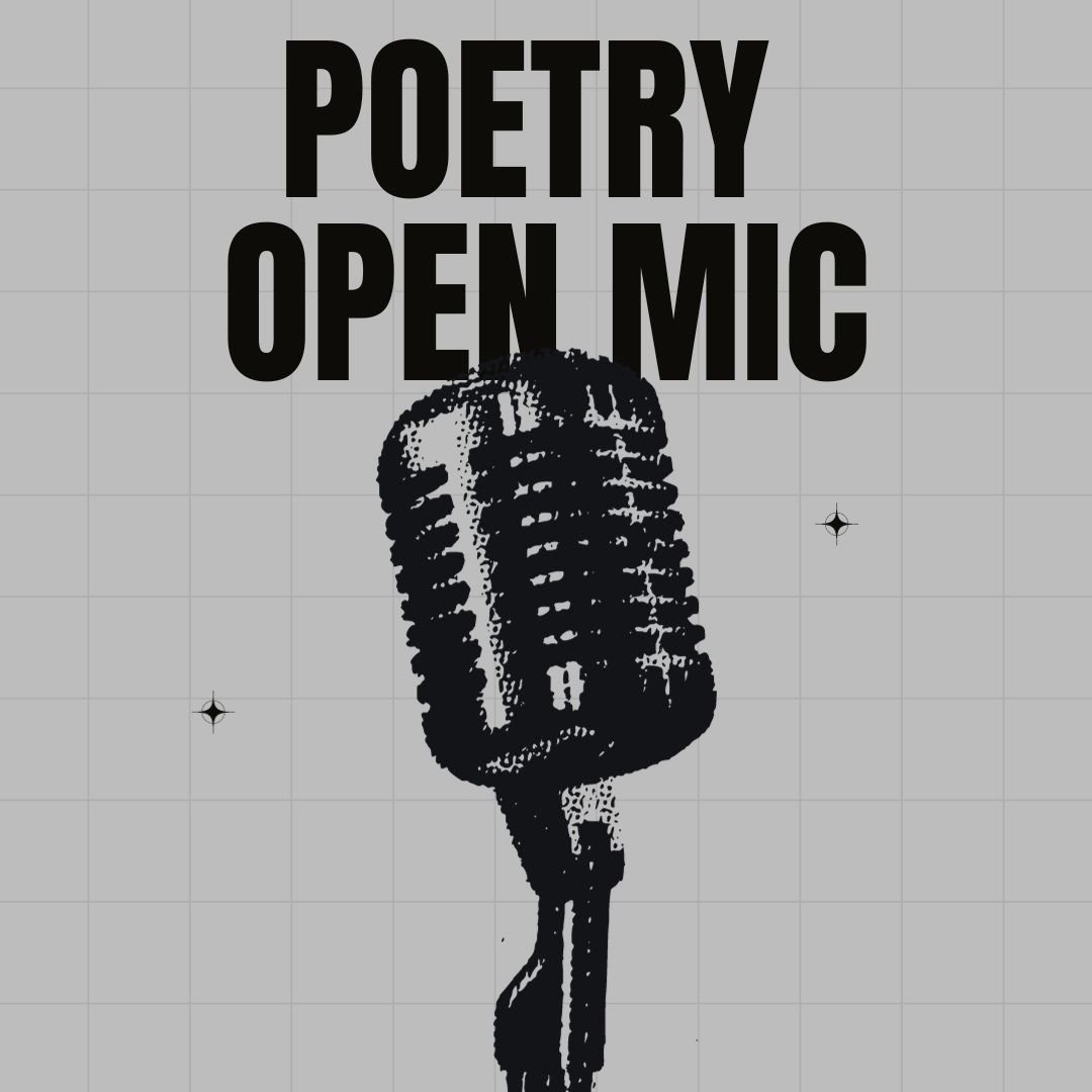 A grayscale image with bold text reading POETRY OPEN MIC above a vintage-style microphone illustration, set against a simple grid background with small star accents.
