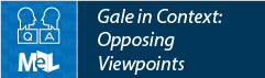 Logo for Gale in Context: Opposing Viewpoints featuring two illustrated profiles facing each other with Q and A icons, and the MeL logo, all on a blue background.