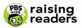 PBS Kids Raising Readers logo featuring a green circle with a cartoon childs face on the left and the words raising readers in bold black text to the right.