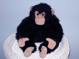A plush toy monkey with black fur and light beige face, hands, and feet sits on a white woven chair against a light blue background.