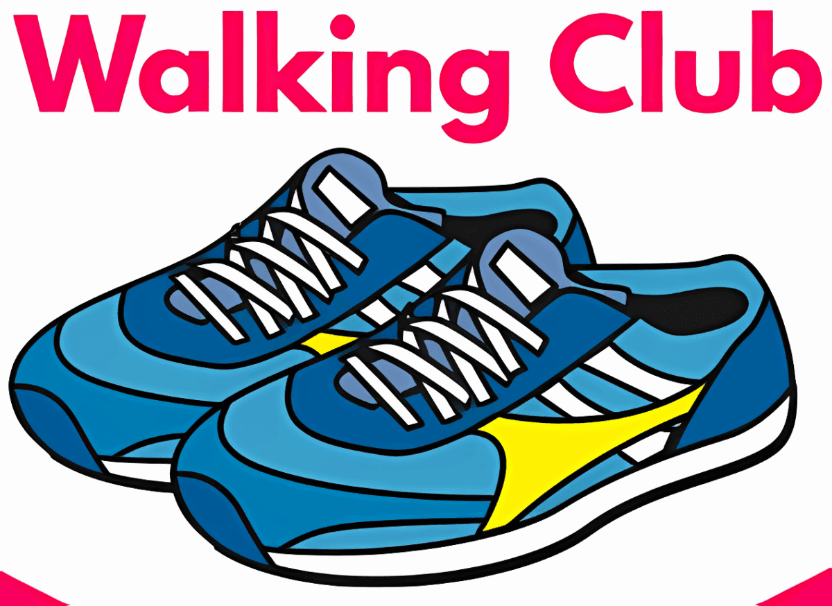 Illustration of a pair of blue athletic shoes with yellow accents below the bold pink text Walking Club.